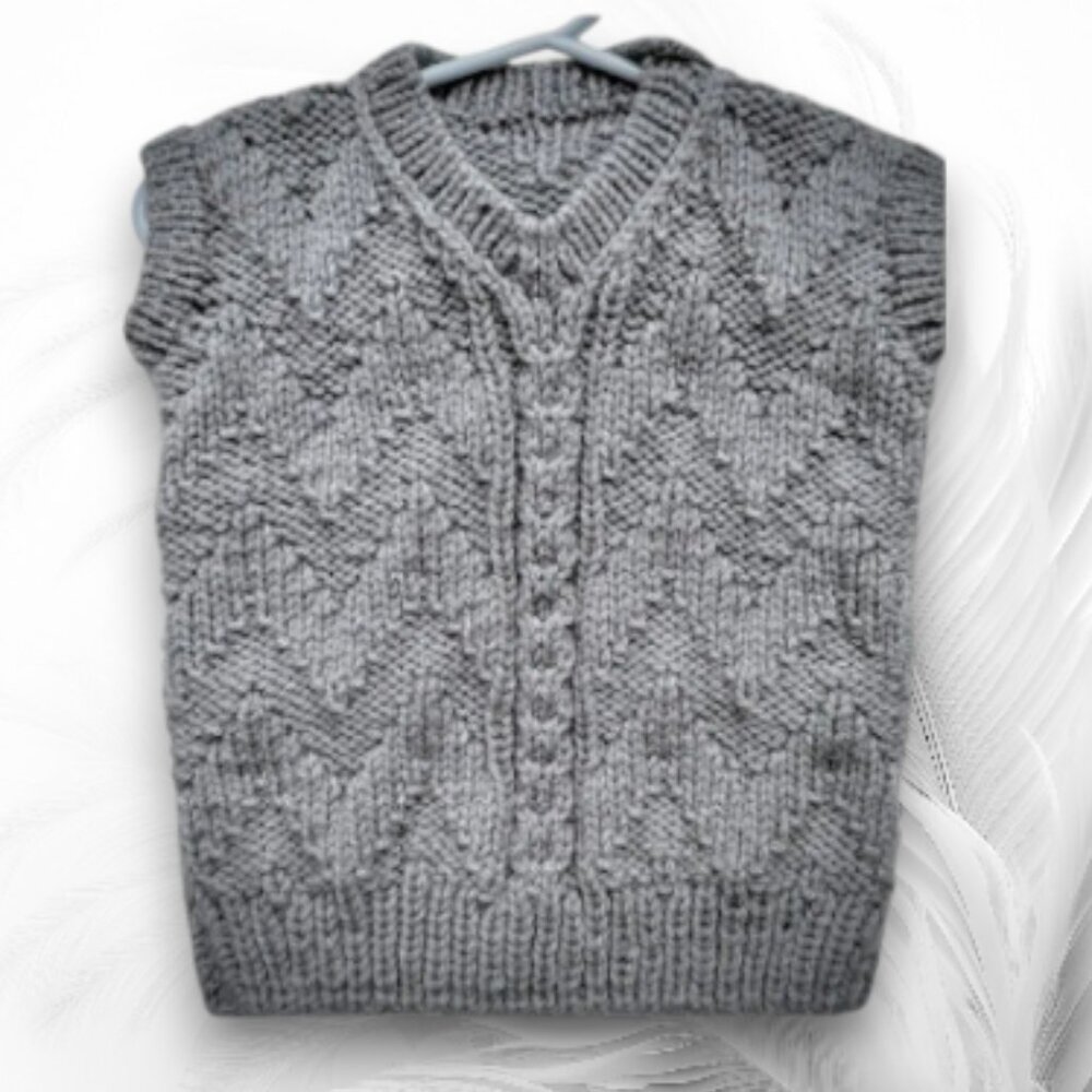 Handmade Knitted Gray Sweater Vest With Chevron Pattern — Cozy Wool Blend Pullov